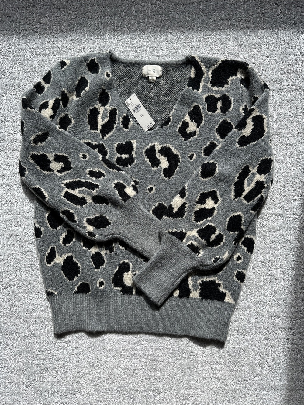 Anthropologie Gray Leopard-Print V-Neck Sweater with Black & Cream Accents